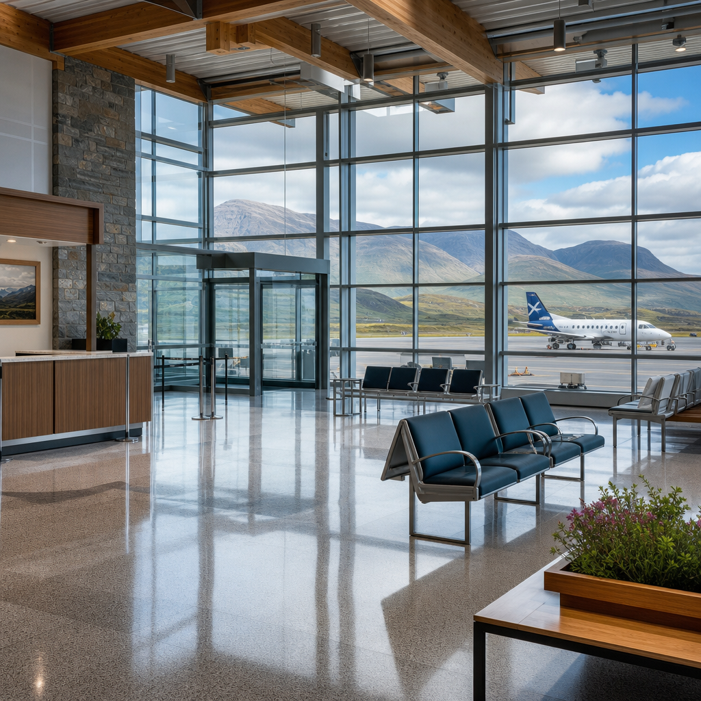 Spotlessly clean Highland airport terminal with polished floor, tidy passenger seating, and an aircraft visible through large windows