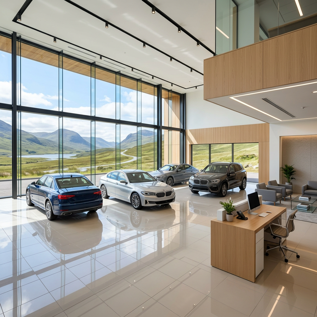 Bright, spotlessly clean Highland car dealership showroom with polished floor, modern vehicles, and hills through the glass frontage
