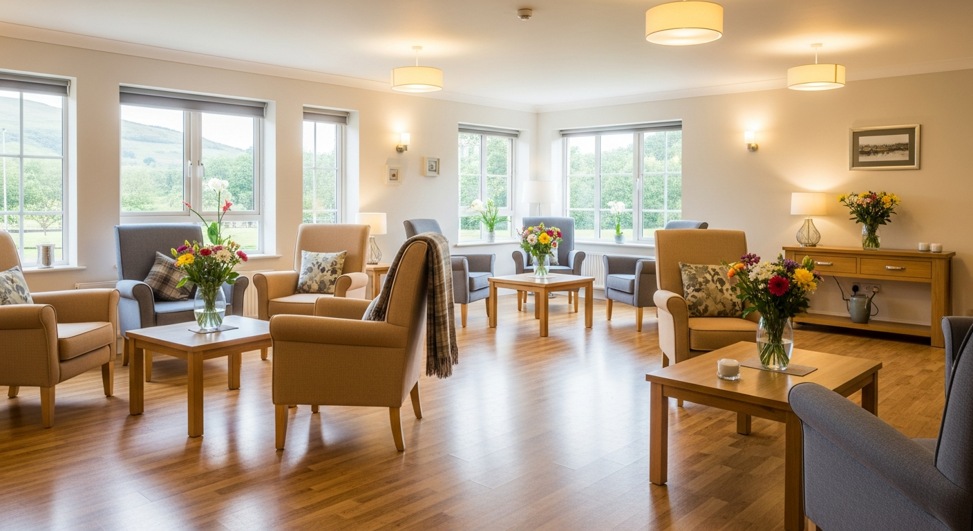 Spotlessly clean and welcoming care home communal lounge in the Scottish Highlands with comfortable seating and natural light