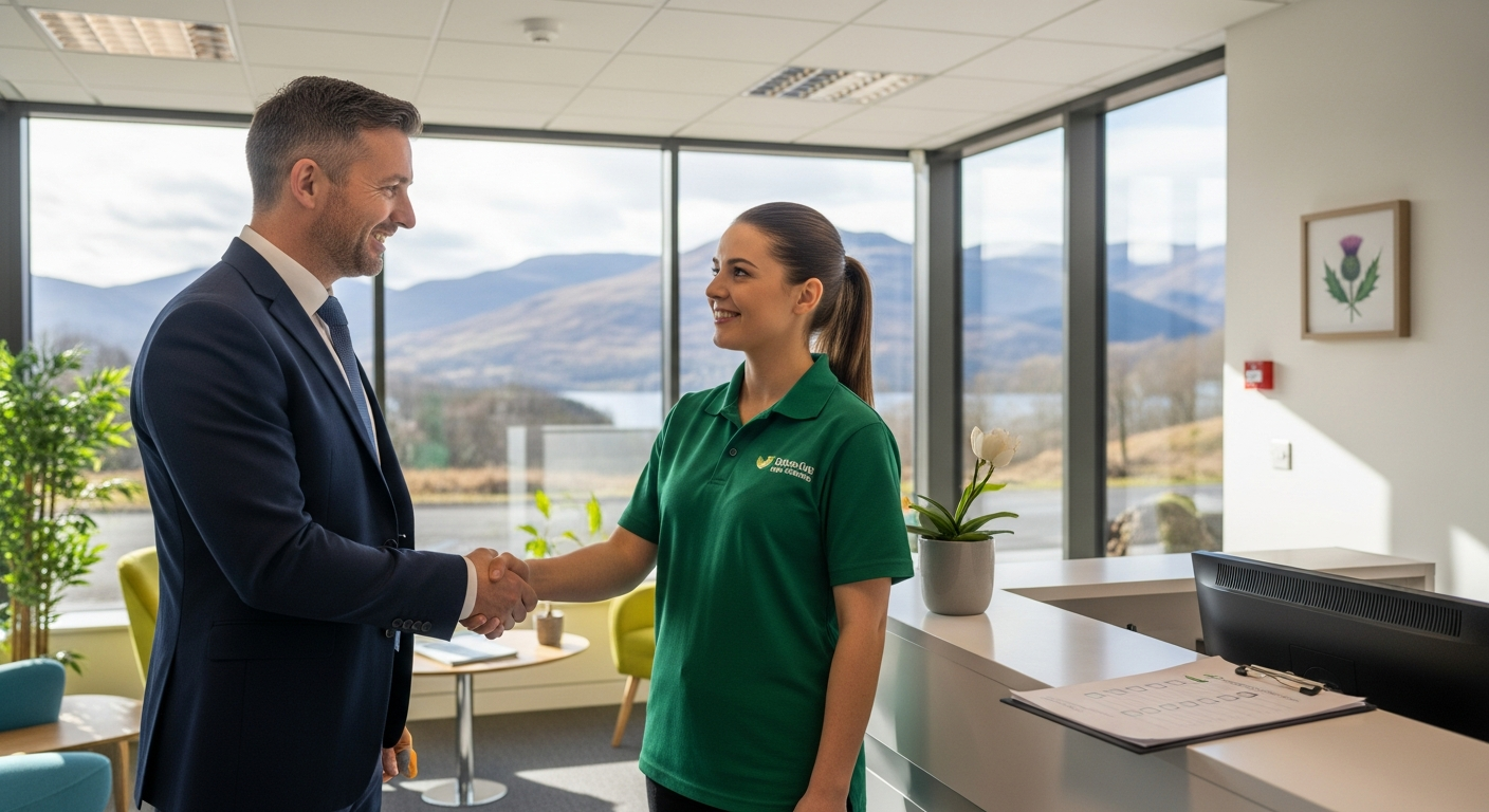 Professional commercial cleaner and a Highland business owner shaking hands in a clean modern Inverness office