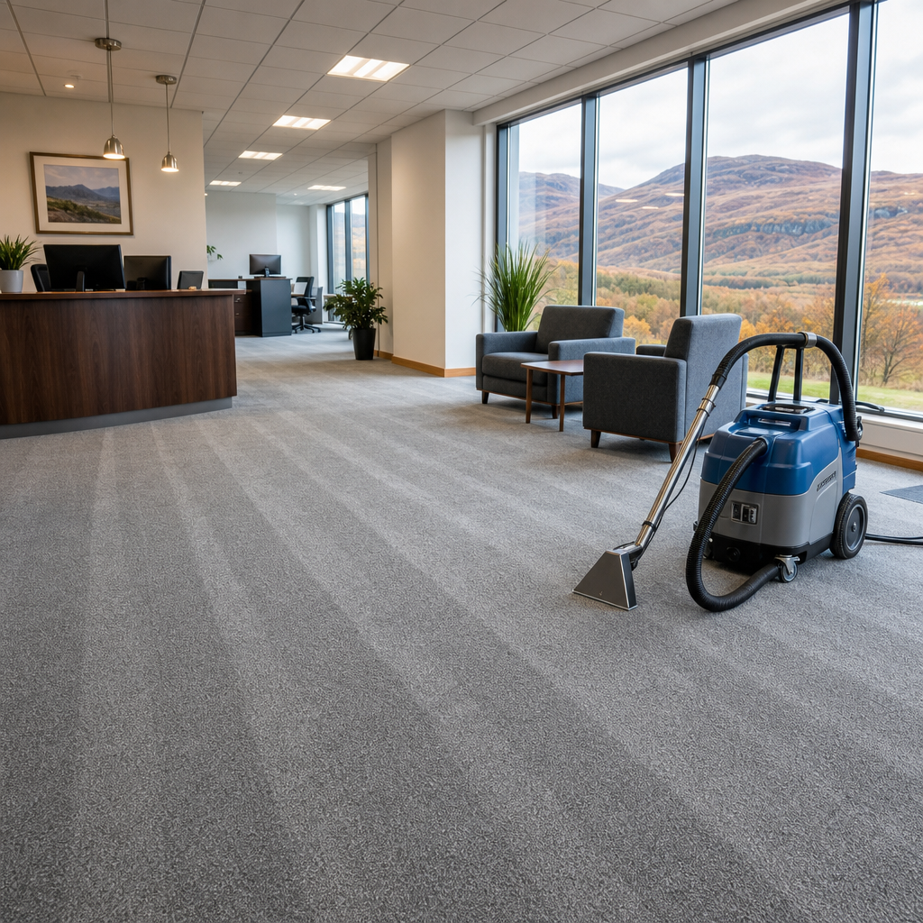 Freshly deep cleaned commercial carpet in a bright Highland office with professional extraction equipment and autumn hills outside