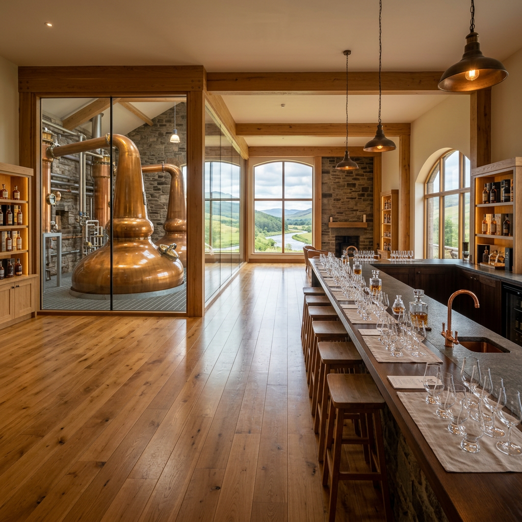 Spotlessly clean Highland whisky distillery visitor centre with polished floors, copper still, and gleaming tasting bar