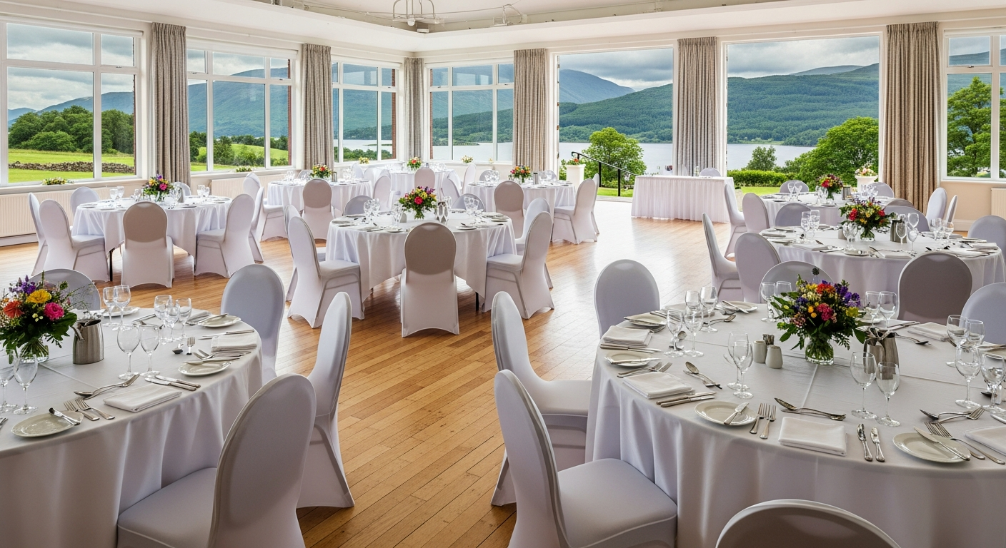 Spotlessly clean Highland events venue hall prepared for a summer wedding with polished floors and dressed tables