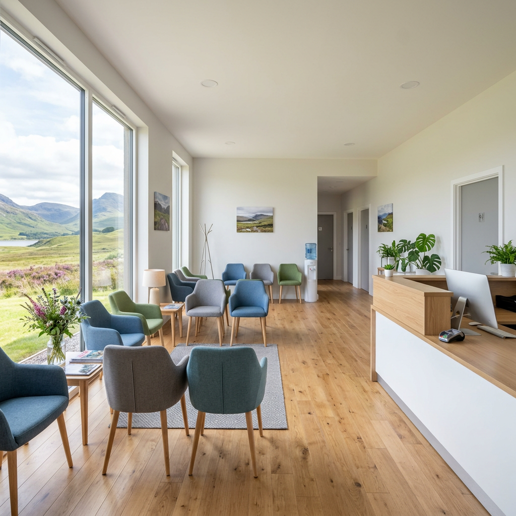 Bright, spotlessly clean Highland medical practice waiting room with tidy seating and fresh natural light