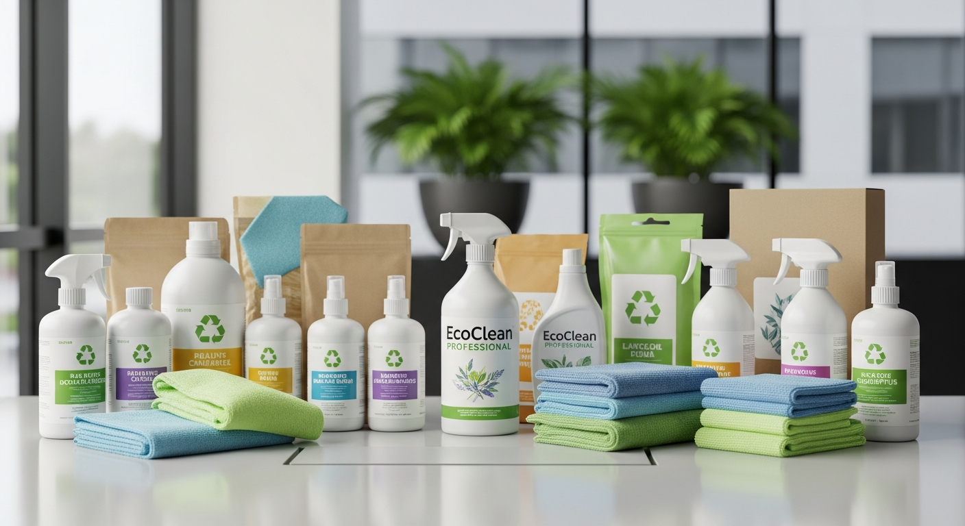 Eco-friendly green cleaning products arranged on a modern office desk