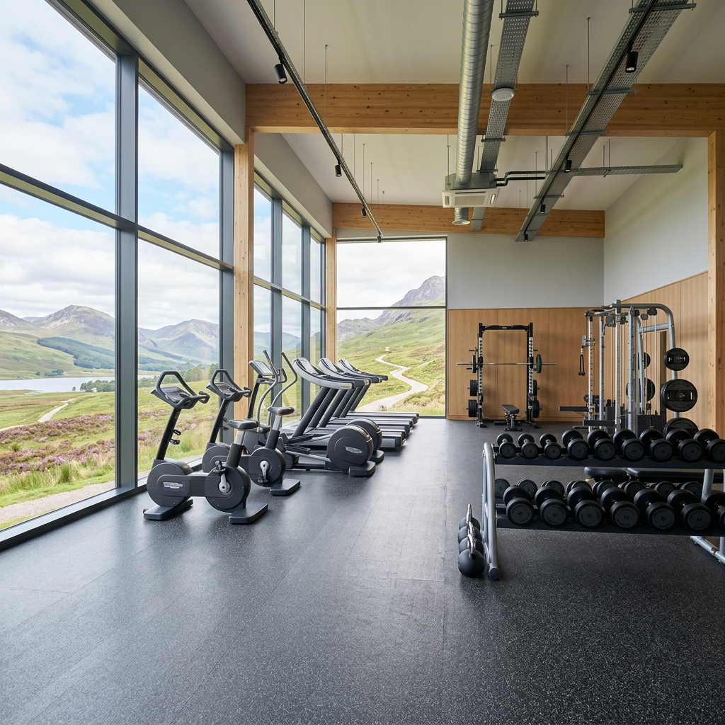 Bright, spotlessly clean modern Highland gym with gleaming equipment and hills visible through large windows