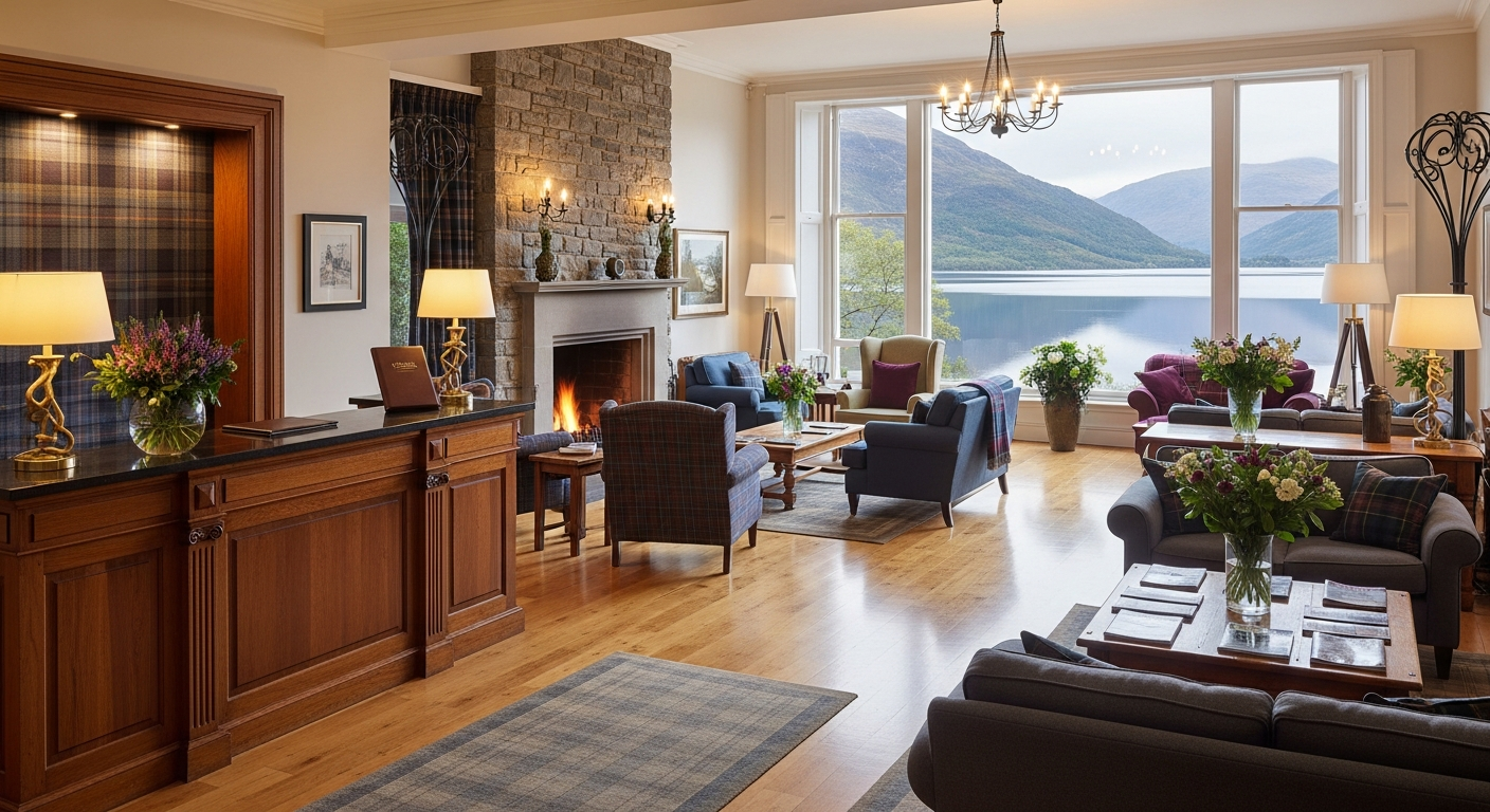 Spotlessly clean Highland hotel lobby in Inverness, Scotland ready to welcome peak season tourists with views of a Scottish loch
