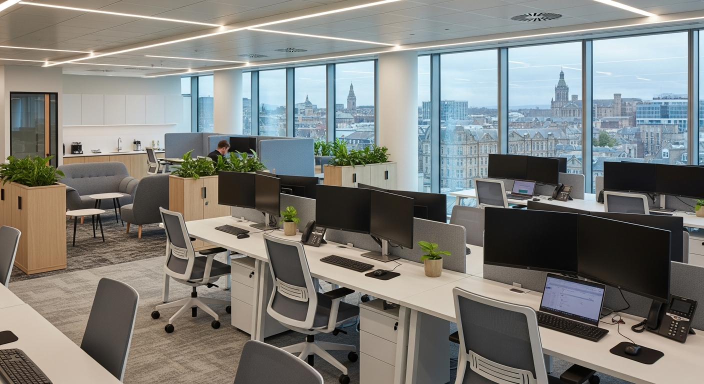 Modern hybrid office workspace with flexible desk arrangements