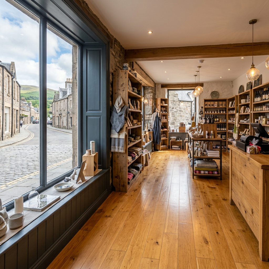 Bright, spotlessly clean independent Highland high street shop interior with polished floors and sparkling window display