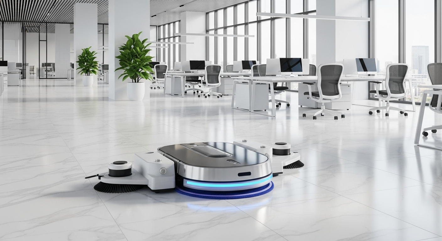Modern robotic floor cleaning machine in a commercial office space