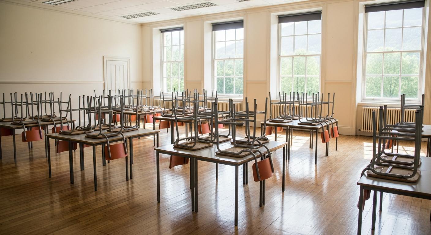 Spotlessly clean empty Scottish primary school classroom during the summer holidays, ready for the new term