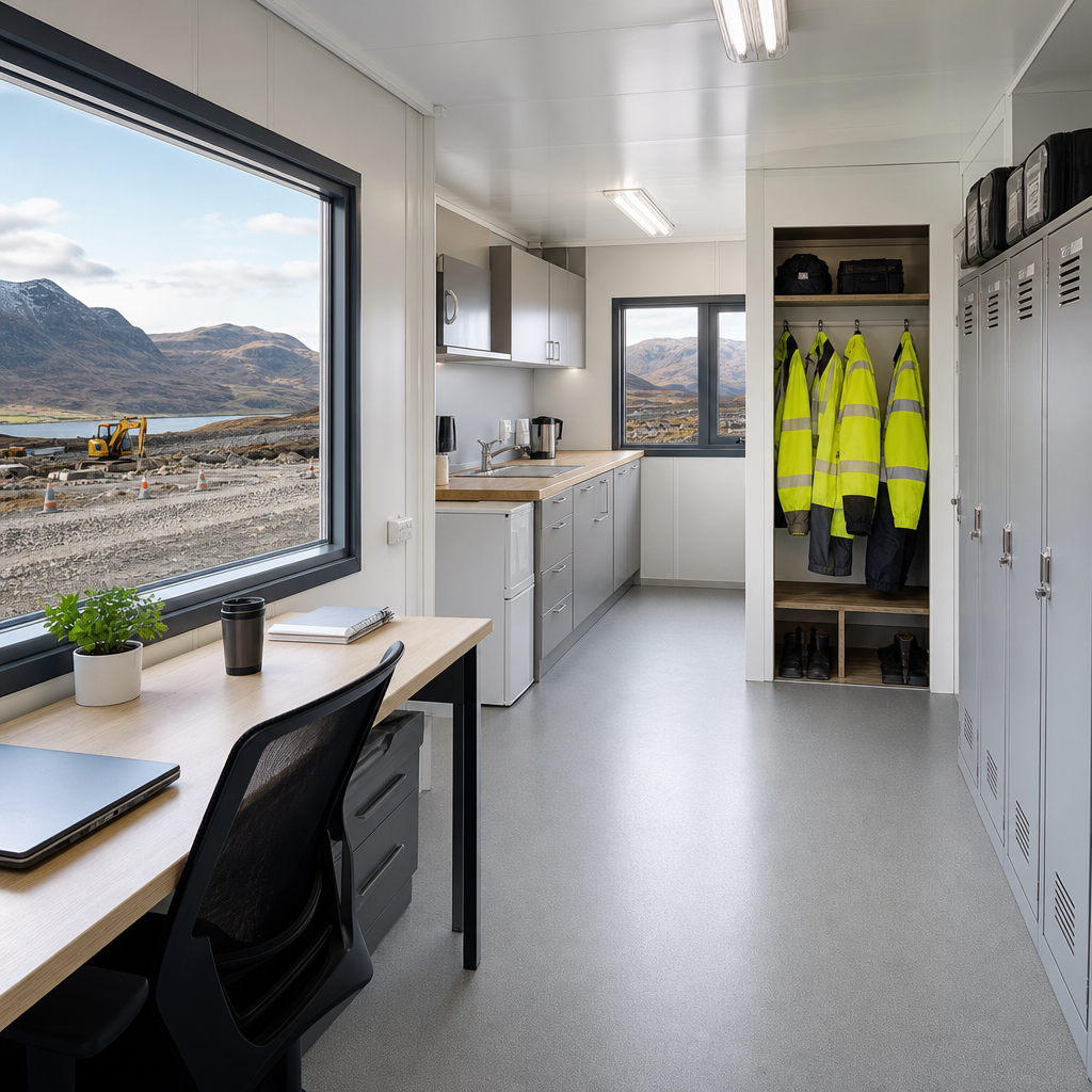 Spotlessly clean construction site cabin in the Scottish Highlands with tidy office, kitchenette, lockers, and durable flooring