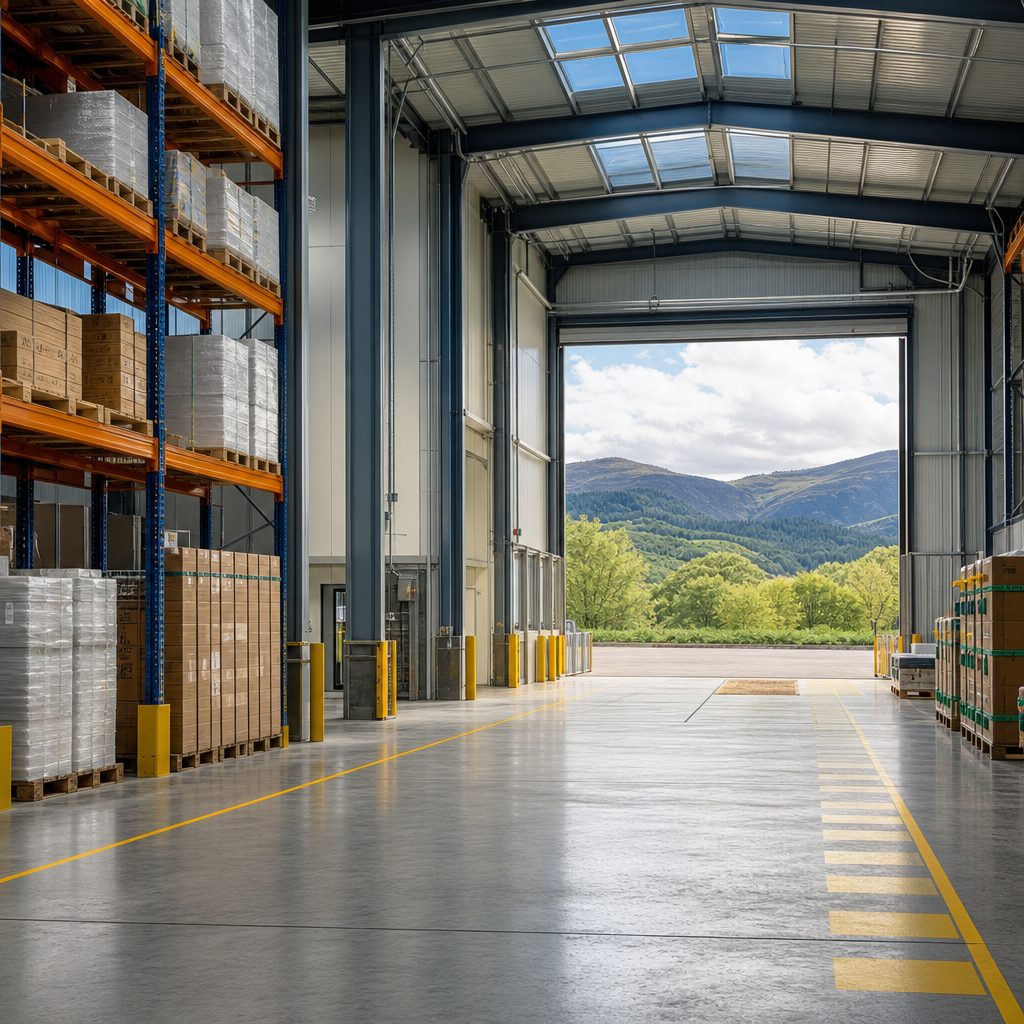 Spotlessly clean Highland warehouse with organised racking, clear walkways, and hills visible through the loading bay
