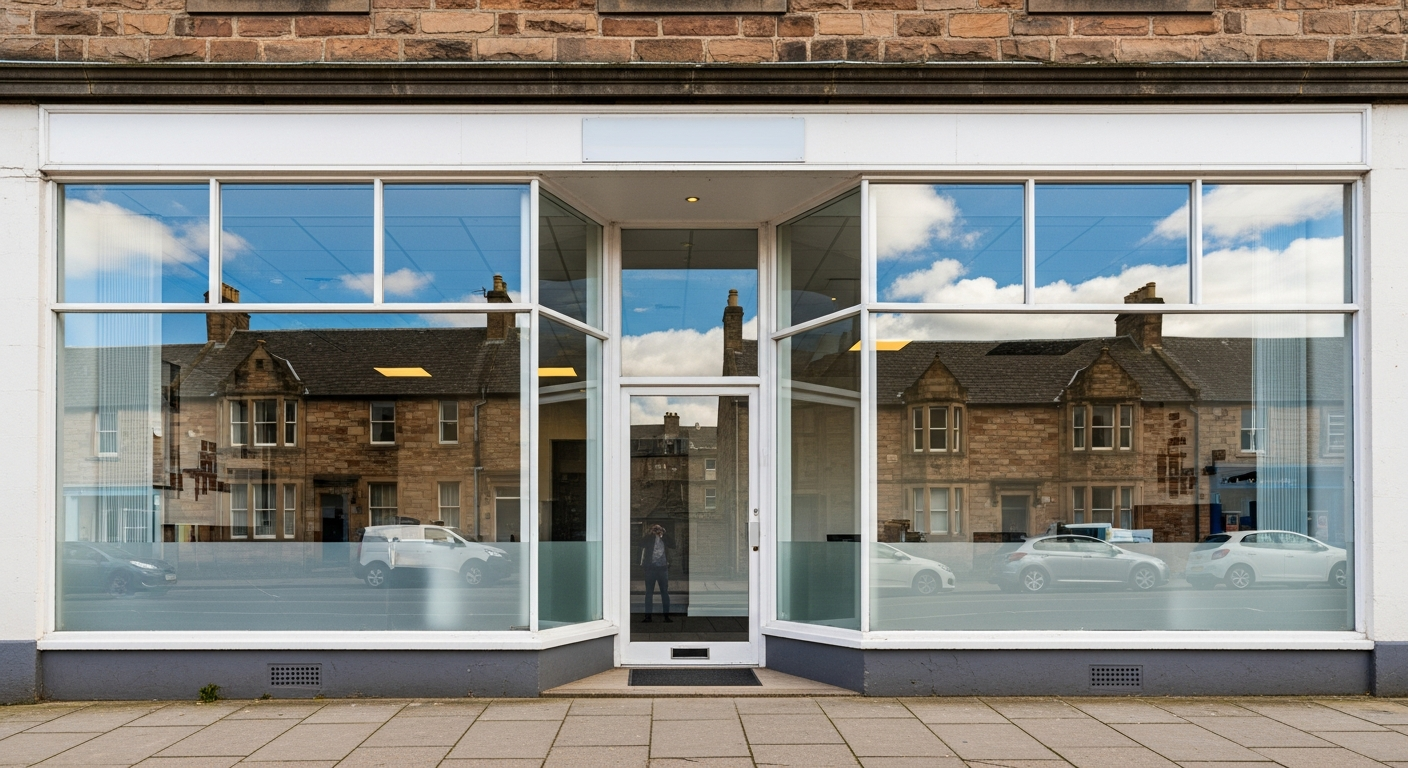 Sparkling clean commercial shopfront windows on a Scottish Highland high street on a bright summer day