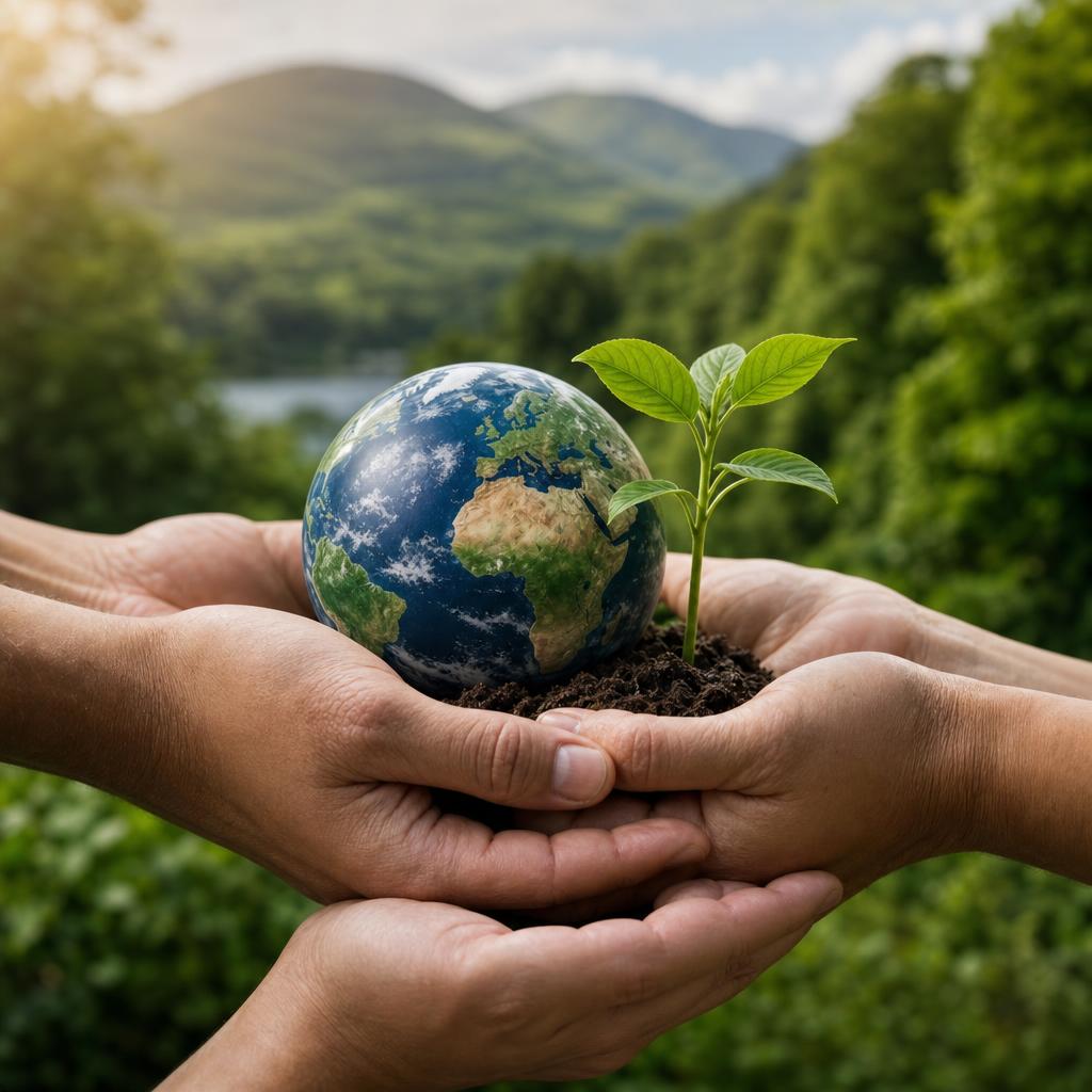 Hands supporting the Earth and a young plant against green Highland scenery, symbolising collective care for the planet